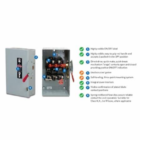 240 VAC, 250 VDC, 100 A, ABB GE Industrial TG3223R Spec-Setter™ Safety Switch, 2-Pole, 3-Wire, NEMA 3R, Class H/K/J/R, Fusible