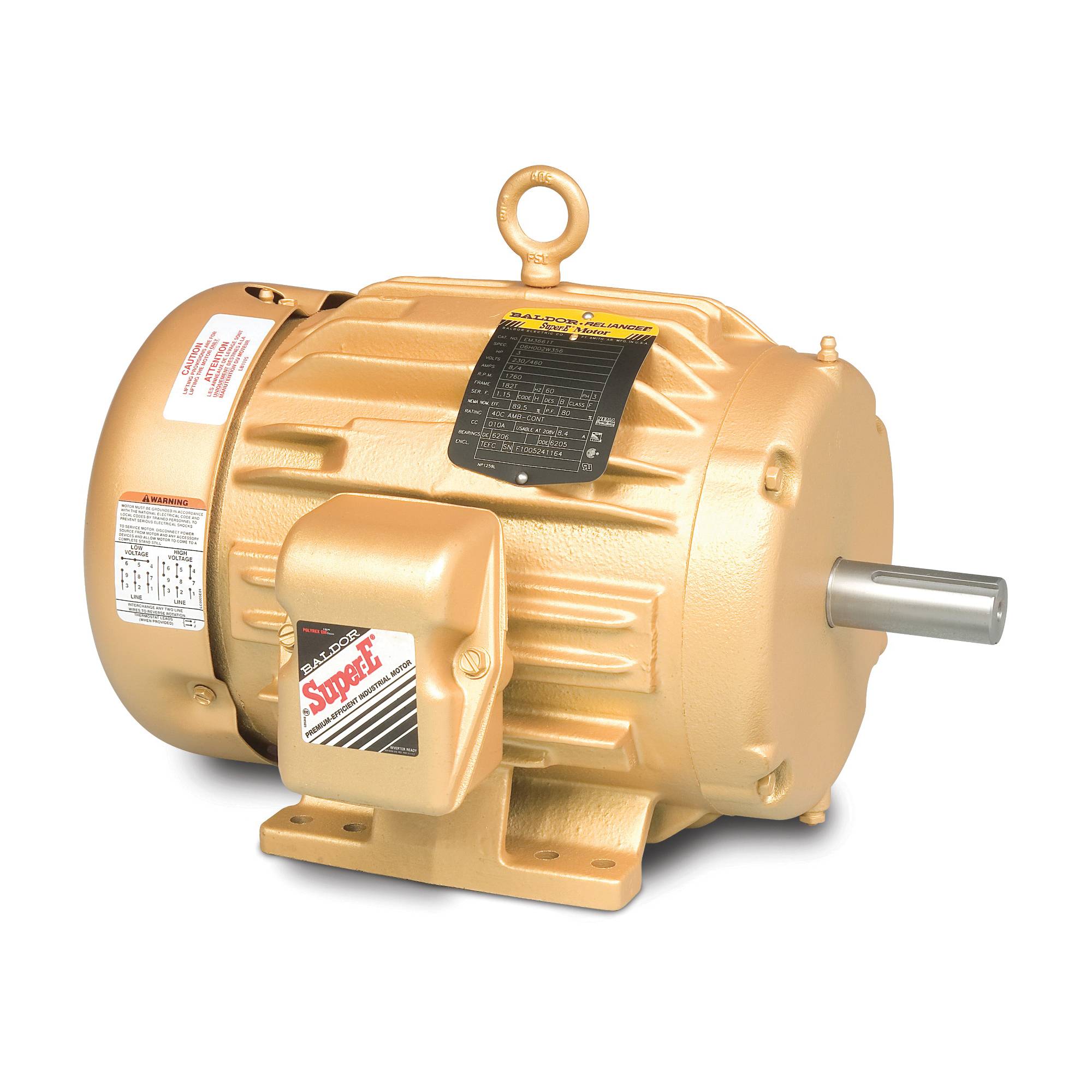 Baldor-Reliance EM3769T Type 0726M Continuous Duty AC Motor, Totally Enclosed Fan Cooled Enclosure, 7-1/2 hp, 208/230/460 VAC, 60 Hz, 3 Phase, 213T Frame, 3510 rpm Speed, Foot Rigid Mount