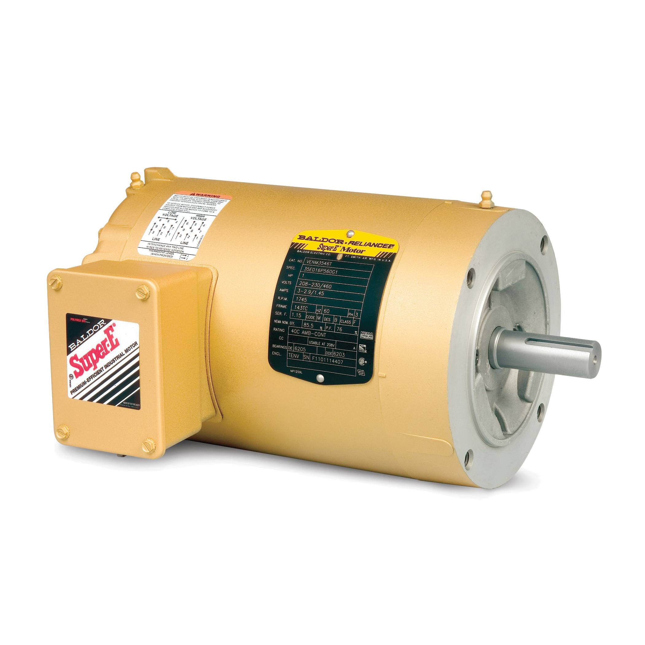 Baldor-Reliance VENM3546T Continuous Duty Type 3524M AC Motor, Totally Enclosed Fan Cooled Enclosure, 1 hp, 230/460 VAC, 60 Hz, 3 ph Phase, 143TC Frame, 1745 rpm Speed, C-Face/Footless/Rigid Base Mount