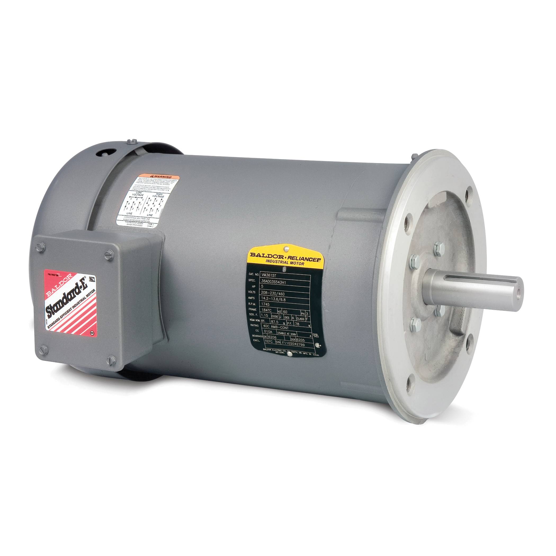 Baldor-Reliance VM3543 Type 3428M Continuous Duty AC Motor, Totally Enclosed Fan Cooled Enclosure, 3/4 hp, 208/230/460 VAC, 60 Hz, 3 Phase, 56C Frame, 1140 rpm Speed, C-Face Footless Mount