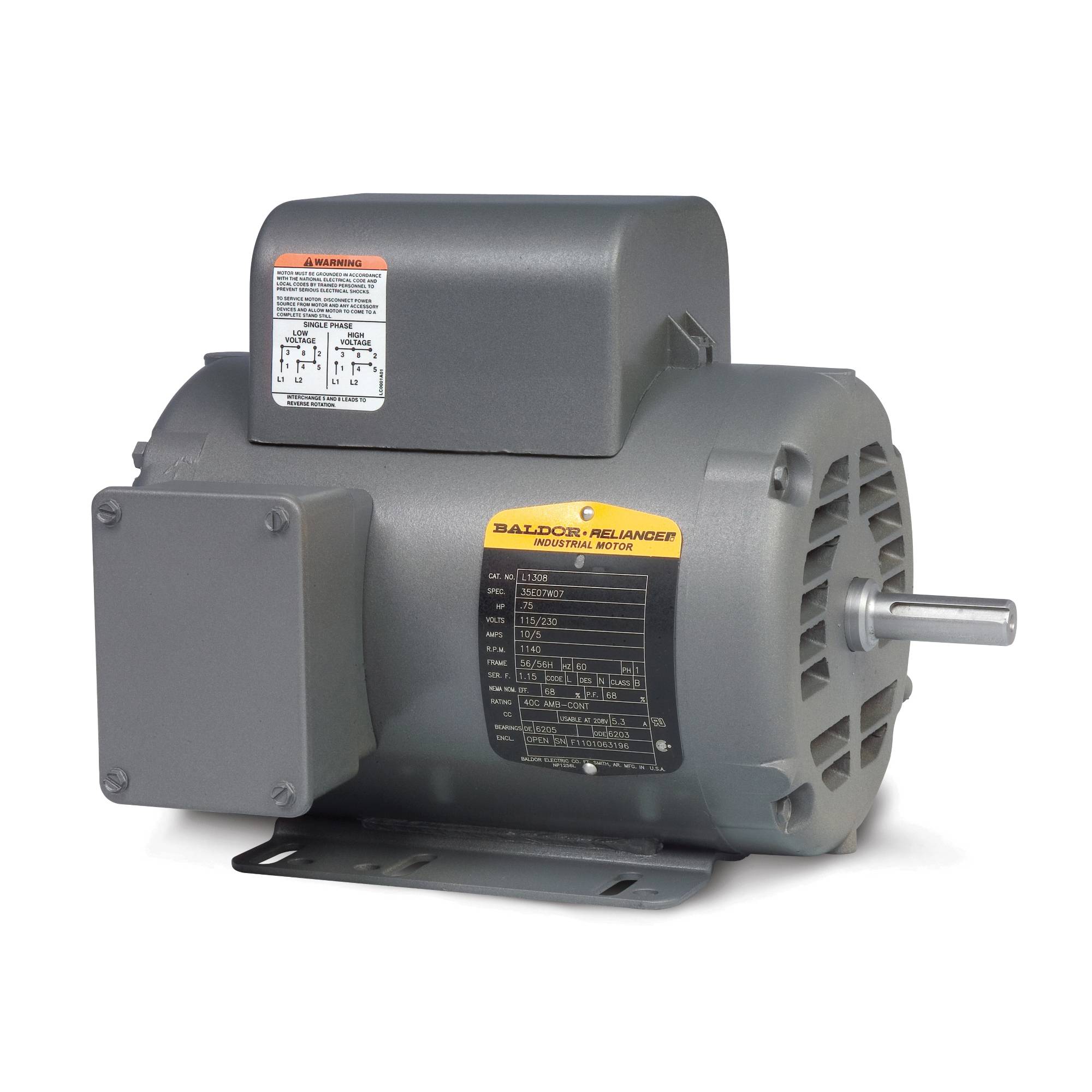 Baldor-Reliance L1410T Type 3640LC Continuous Duty AC Motor, Open/NEMA L Enclosure, 5 hp, 208/230 VAC, 60 Hz, 1 Phase, 184T Frame, 1725 rpm Speed, F1/Foot Rigid Mount