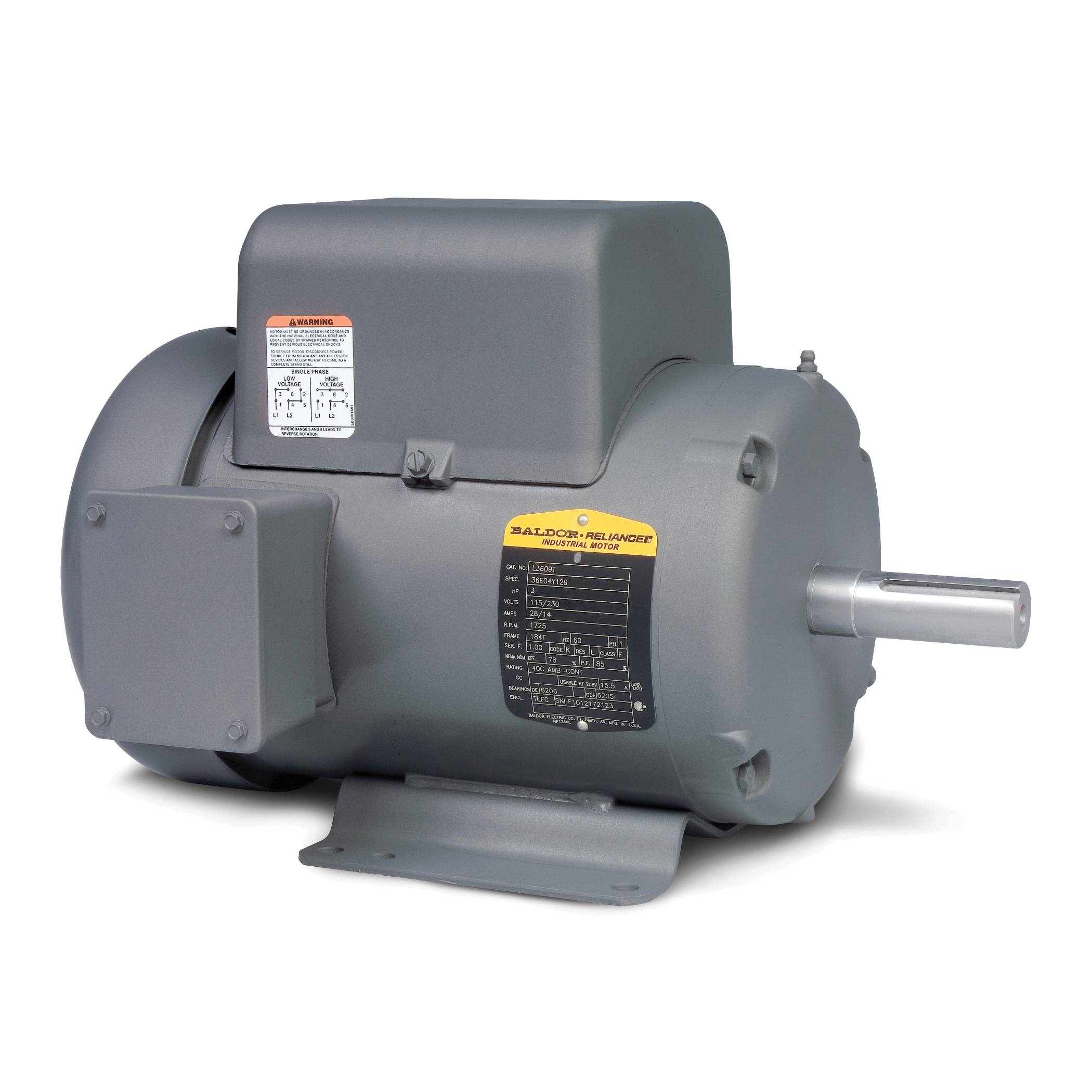 Baldor-Reliance L3514 Type 3532LC Continuous Duty AC Motor, TEFC/NEMA L Enclosure, 1-1/2 hp, 115/208/230 VAC, 60 Hz, 1 Phase, 56H Frame, 1725 rpm Speed, F1/Foot Rigid Mount