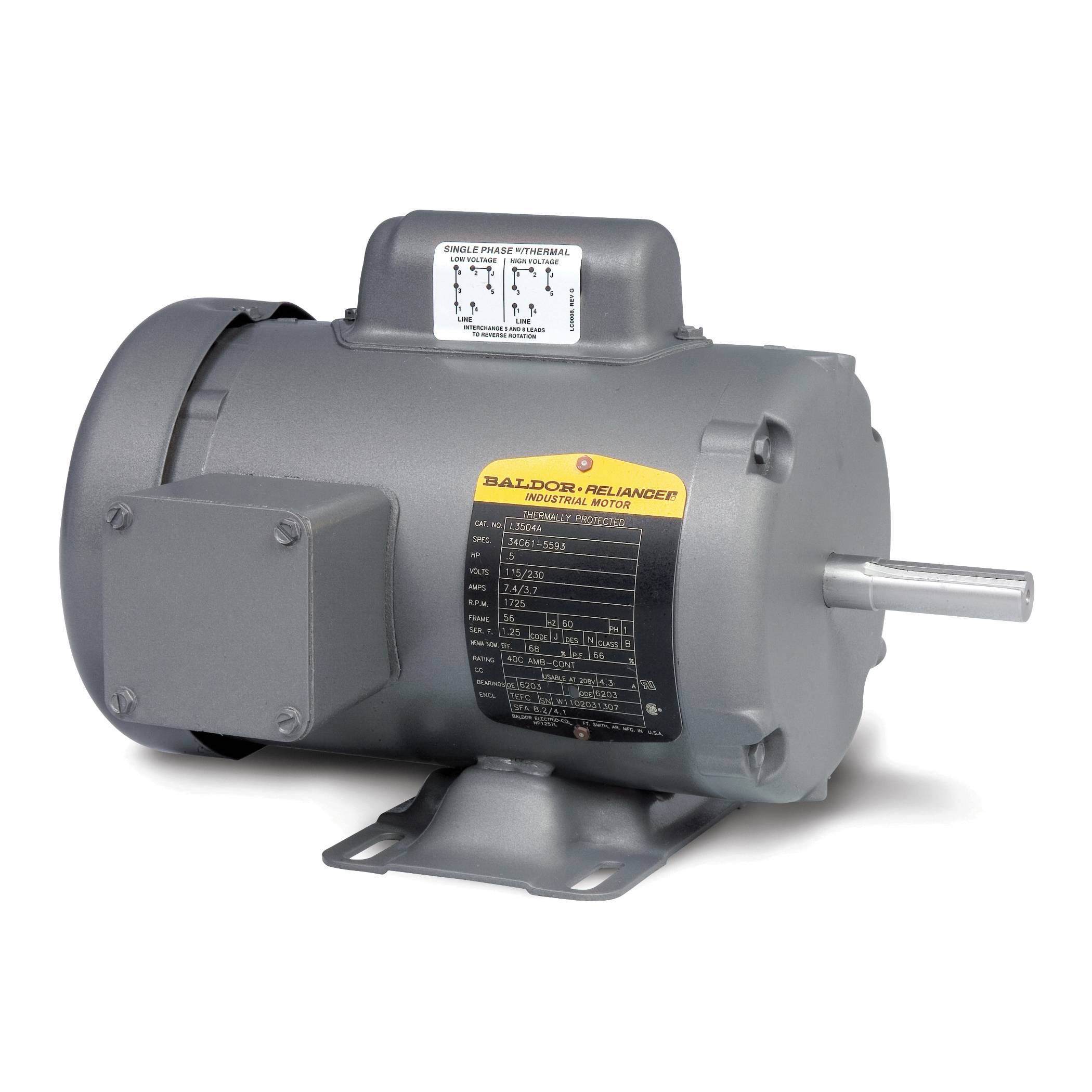 Baldor-Reliance L3406 Type 3414L Continuous Duty AC Motor, TEFC/NEMA N Enclosure, 0.33 hp, 115/208/230 VAC, 60 Hz, 1 Phase, 48 Frame, 1725 rpm Speed, F1/Foot Rigid Mount