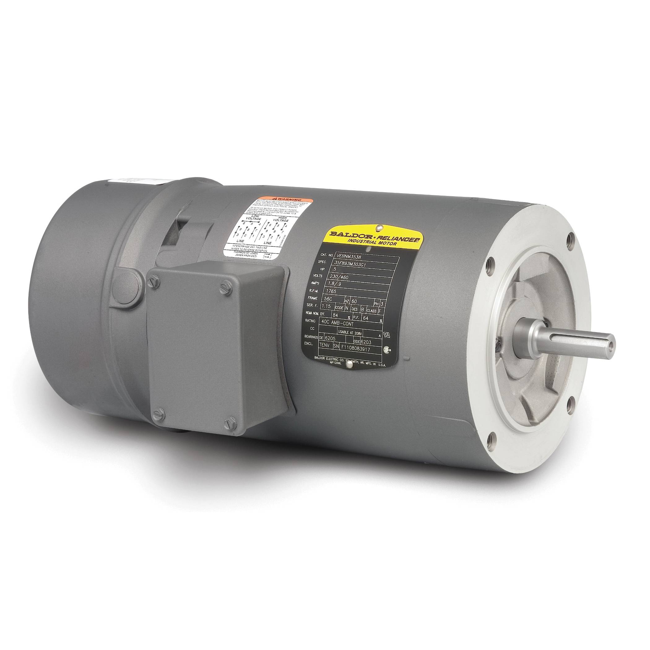 Baldor-Reliance VEBNM3538 Short Type 3516M Continuous Duty AC Motor, TENV Enclosure, 1/2 hp, 230/460 VAC, 60 Hz, 3 Phase, 56C Frame, 1765 rpm Speed, C-Face Footless Mount