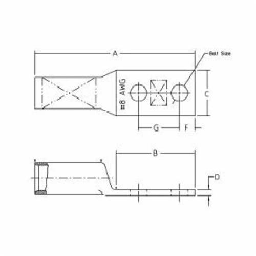 Color-Keyed® 256-30695-255 2-Hole Non-Insulated Compression Lug With Peep Hole, 4 AWG Copper Conductor, Die Code: 29, 3/8 in Stud, Copper