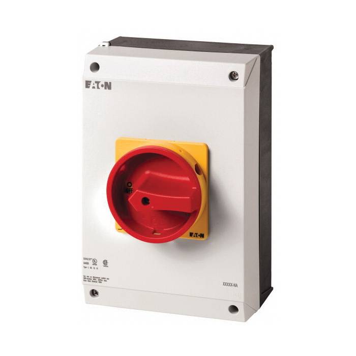 EATON 255907 Main Rotary Disconnect Switch With Red Rotary Handle and Yellow Locking Ring, 690 VAC, 100 A, 75 hp, 1NC-1NO Contact, 3 Poles