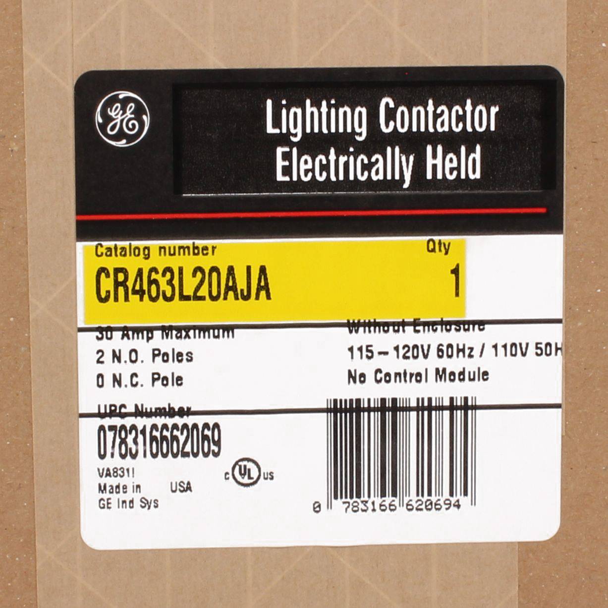 GE CR463L20AJA CR460 Electrically/Mechanically Held Lighting Contactor, 110/115 to 120 VAC V Coil, 30 A, 2NO Contact, 2 Poles
