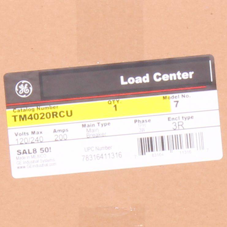 GE PowerMark Gold™ TM4020RCU 1-Phase Standard Main Breaker Loadcenter, 120/240 VAC, 200 A, 1 Pole, 22 kA Interrupt