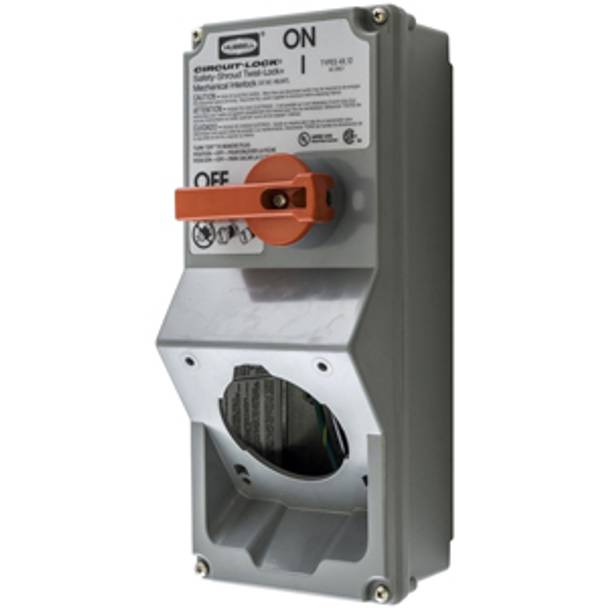 Gray, Hubbell Incorporated HBLMITL Twist-Lock®, Circuit-Lock® Unfused Safety-Shroud® Mechanical Interlock Switched Safety Enclosure, NEMA 4/4X,