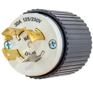 EATON Eaton Wiring Devices Arrow Hart™ L1430P Grounding Straight Locking Plug, 125/250 VAC, 30 A, 3 Poles, 4 Wires, Black/White