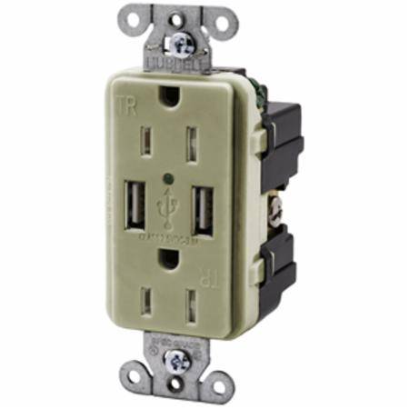 125 VAC 15 A, Hubbell Wiring Device-Kellems USB15X2I Combination USB Charger and Receptacle, Ivory (Discontinued by Manufacturer)