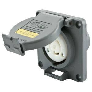 125 VAC 20 A, 2-Pole 3-Wire, Hubbell Wiring Device-Kellems HBL2310SW Gray Valox®, Watertight Safety-Shroud®, Twist-Lock® Locking Device Receptacle, L5-20R, Gray