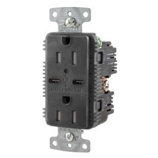 125 VAC 15 A, Hubbell Wiring Device-Kellems USB15C5BK Combination USB Charger and Receptacle, Black