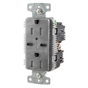 125 VAC 15 A, Hubbell Wiring Device-Kellems USB15C5GY Combination USB Charger and Receptacle, Gray