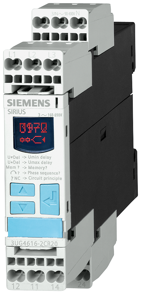 Siemens 3UG4614-2BR20 3-Pole SIRIUS Network Monitoring Relay w/ Digital Setting, 160 to 690 VAC, 0.1/0.2/1/3 A, 2CO Contact