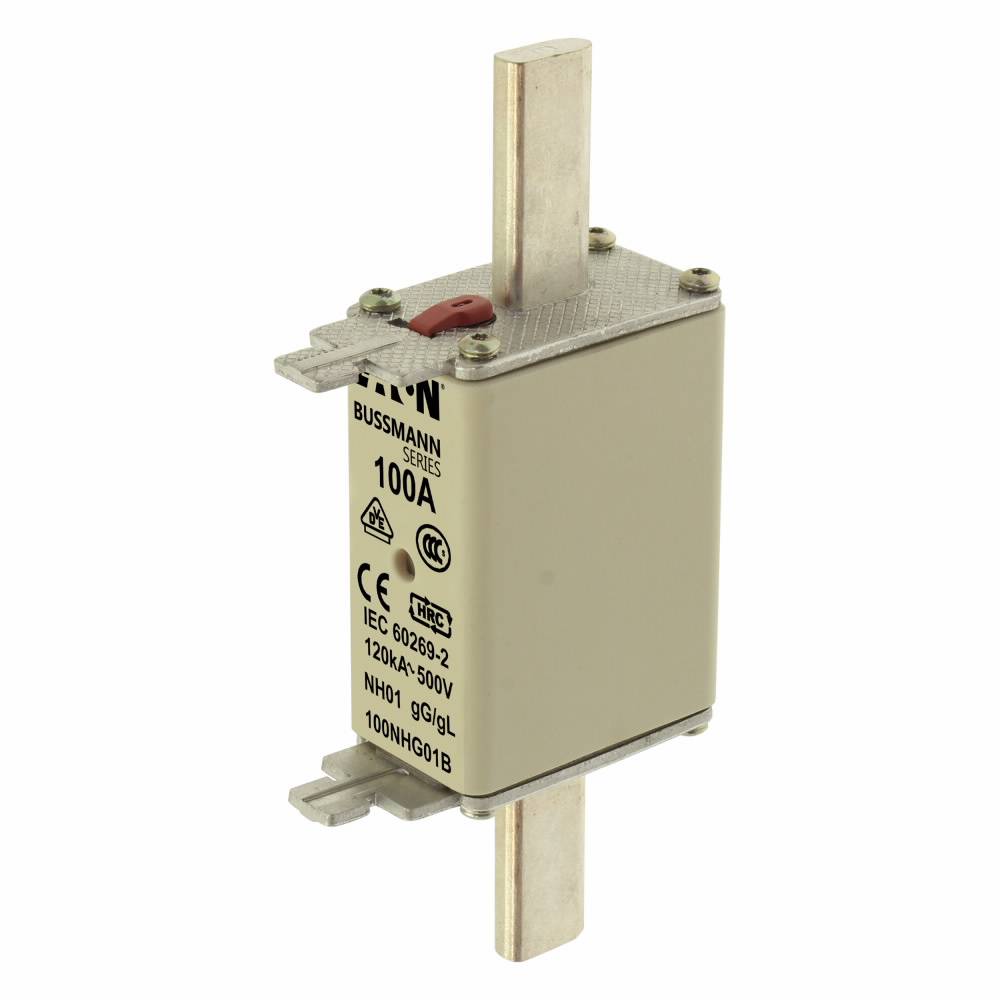 Bussmann 100NHG01B Size 01 Dual Indication Square Class gG/gL NH Fuse Link With Metal Gripping Lugs, 500 V, 100 A, Ceramic