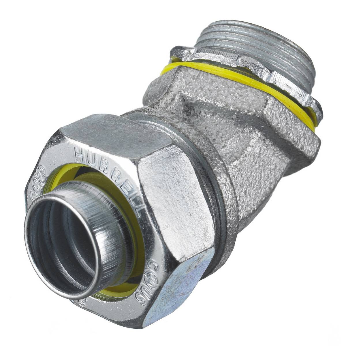 Wiring Device-Kellems H1504 Non-Insulated Male Metallic Liquidtight Connector, 1-1/2 in Trade, 45 deg, Iron/Steel, Zinc Plated