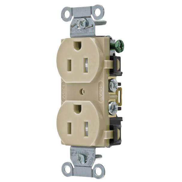 Wiring Device-Kellems BR15ITR 1-Phase Duplex Standard Tamper-Resistant Traditional Screw Mount Straight Blade Receptacle, 125 VAC, 15 A, 2 Poles, 3 Wires, Ivory