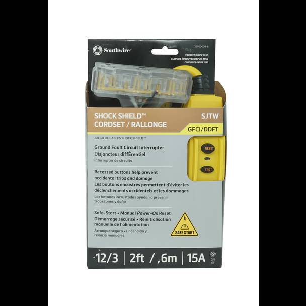 Southwire® 26020008-6 In-Line Protected GFCI Tri-Cord, 120 VAC, 15 A, 1 Pole, 3 Wires, Yellow