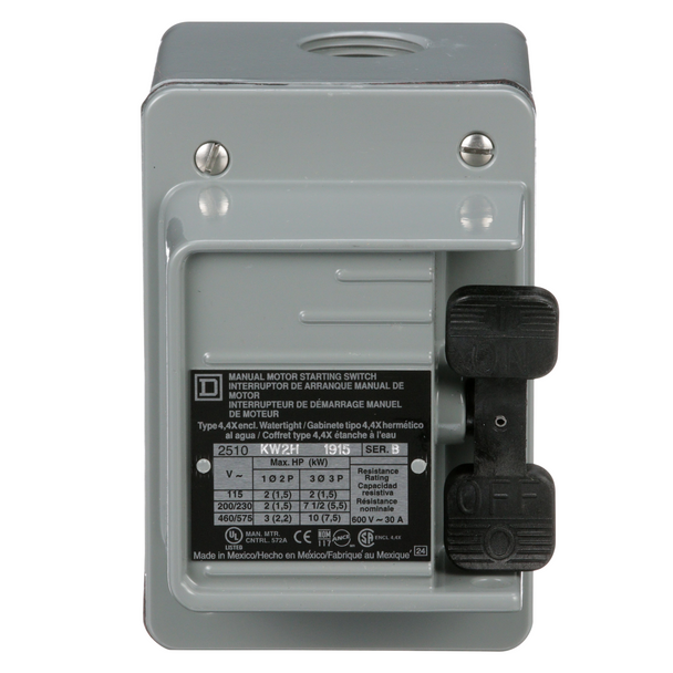 Square D™ 2510KW2H Type K 3-Phase Non-Reversing 1-Unit Standard Manual Switch, 600 VAC, 230 VDC, 30 A