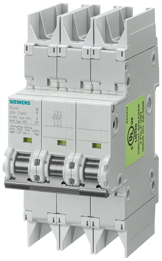 Siemens Sentron 5SJ4311-8HG42 Type NSJ Miniature Circuit Breaker, 240 VAC, 5 A, 14 kA Interrupt, 3 Poles, Thermal/Magnetic Trip