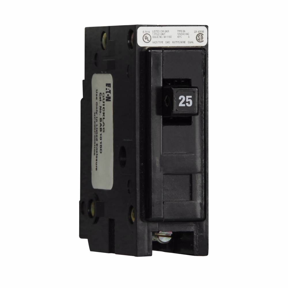 EATON QuickLag® BAB1025 Type BAB Molded Case Miniature Circuit Breaker, 120/240 VAC, 25 A, 10 kA Interrupt, 1 Poles, Non-Interchangeable Thermal Magnetic Trip