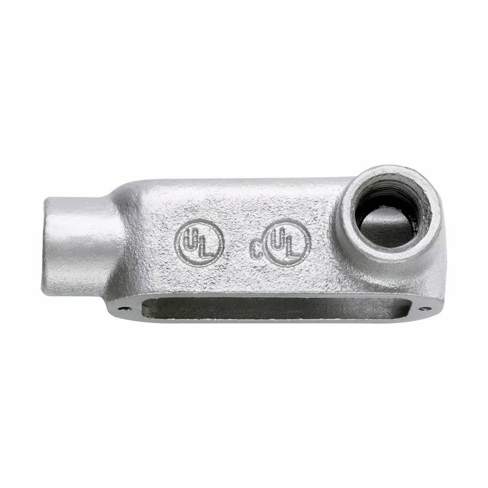 Crouse-Hinds Condulet® LR200M Type LR Conduit Outlet Body, 2 in Hub, 5 Form, 68 cu-in Capacity, Malleable Iron, Electro-Galvanized/Aluminum Acrylic Painted