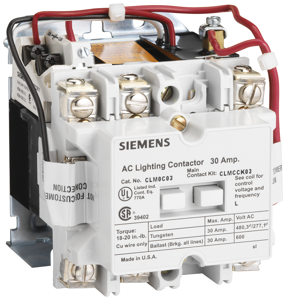 Siemens CLM0C03277 Class CLM Mechanically/Magnetically Held Lighting Contactor, 277 VAC V Coil, 30 A, 3NO-0NC Contact, 3 Poles