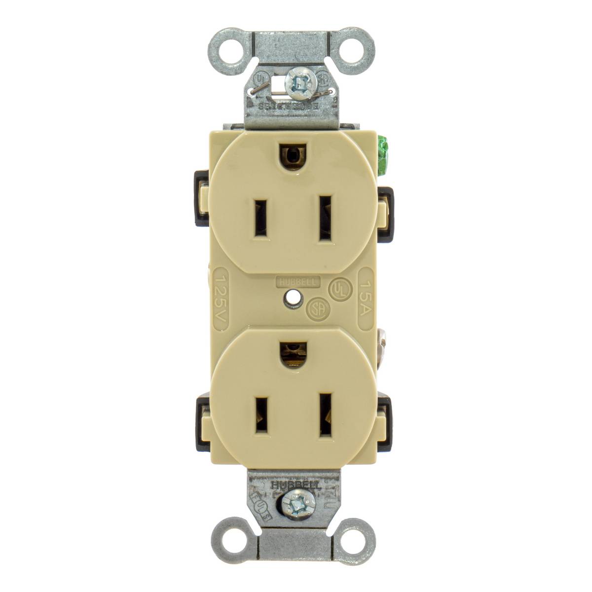 Wiring Device-Kellems BR15I 1-Phase Duplex Self-Grounding Standard Traditional Screw Mount Straight Blade Receptacle, 125 VAC, 15 A, 2 Poles, 3 Wires, Ivory