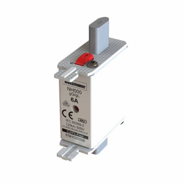 Edison Bussmann 6NHG000B Size 000 Dual Indicator NH Fuse Link, 500 V, 6 A, For Use With Bussmann NH Size Photovoltaic Fuse, Class C gG/gL Fuse, Ceramic