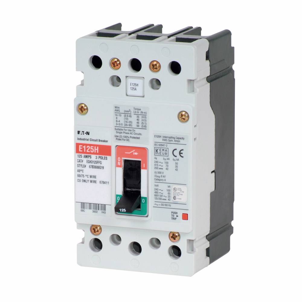 EATON EGH3125FFG Type EGH Molded Case Circuit Breaker, 600Y/347 VAC, 125 A, 35/65/100 kA Interrupt, 3 Poles, Fixed Thermal/Fixed Magnetic Trip