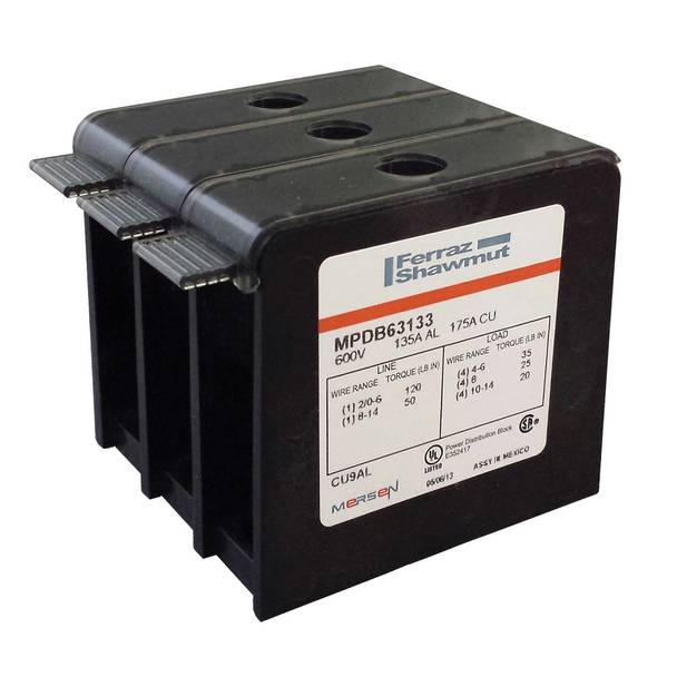 Mersen MPDB67513 Intermediate Open Style Power Distribution Block, 600 VAC, 350 A, 3 Poles, 14 to 2/0 AWG Wire, Polycarbonate
