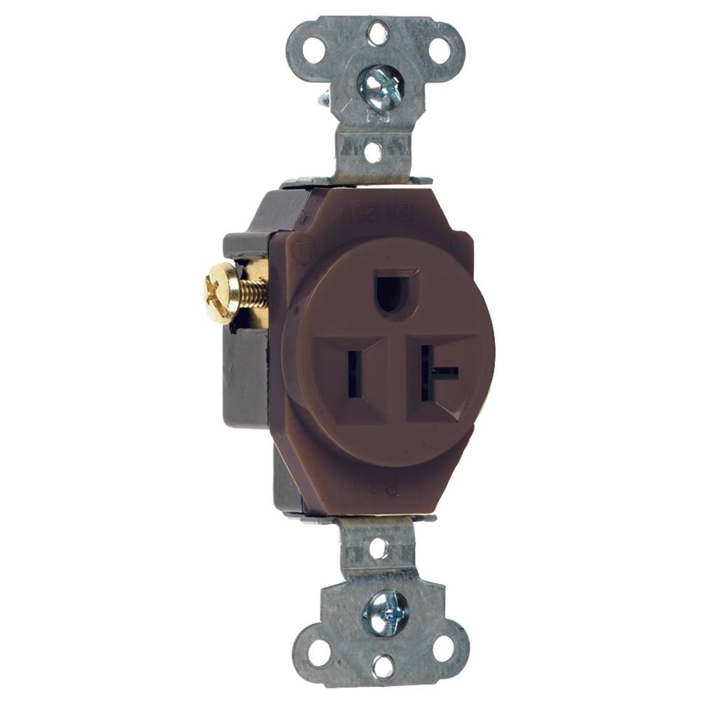 Pass & Seymour® 5351 Heavy Duty Single Straight Blade Receptacle, 125 VAC, 20 A, 2 Poles, 3 Wires, Brown