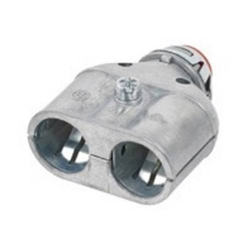 Bridgeport® 3838ASP Double Snap Double Barrel Insulated Duplex Connector, 3/8 in Trade, 1/2 in Knockout, 0.38 to 0.59 in Cable Openings, Die-Cast Zinc, Ball Burnished/Mirror Smooth