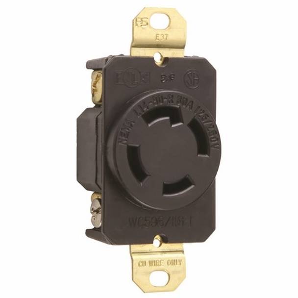 Pass & Seymour® Turnlok® L1430-R Single Locking Receptacle, 125/250 VAC, 30 A, 2 Poles, 3 Wires, Black/White