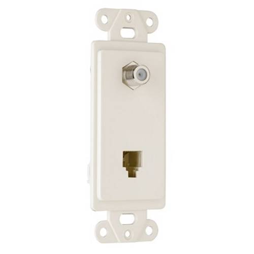On-Q® 26TELTV-LACC10 1-Gang Combination Device Wallplate, Flush Mount, (1) F-Type Coaxial Connector/(1) 4-Conductor RJ11 Telephone Jack Configuration