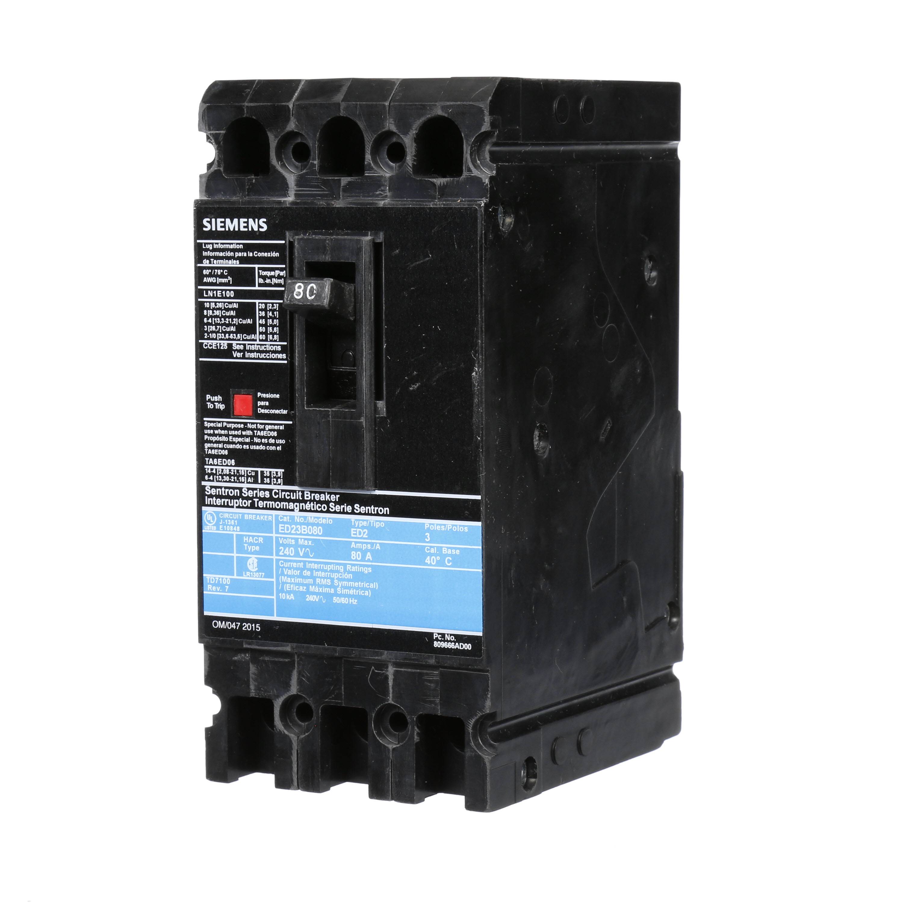 Siemens Sentron™ ED23B080 Type ED2 Low Voltage Molded Case Circuit ...