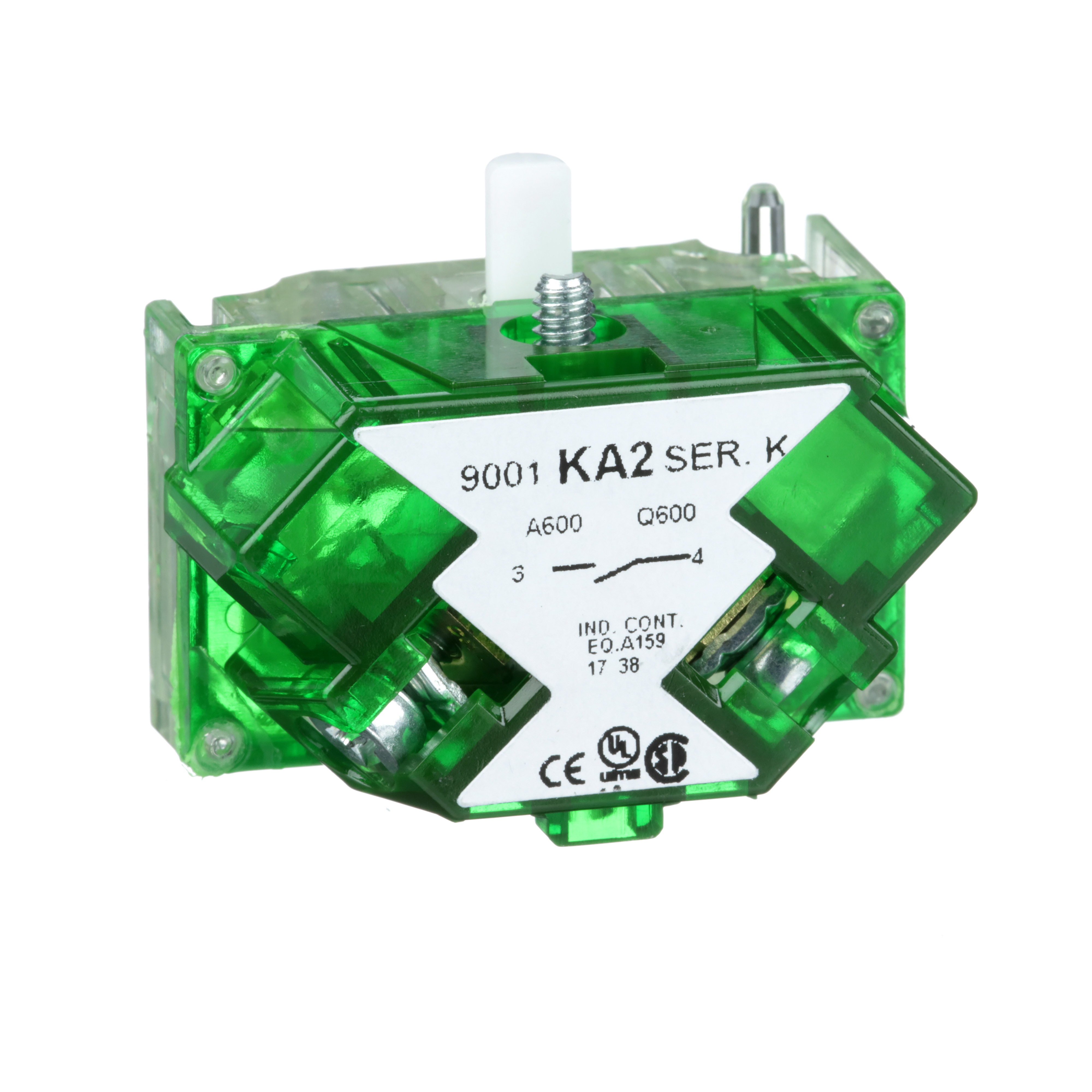 Square D™ Harmony™ 9001KA2 Finger Safe Standard Contact Block, 30 mm, 1NO Contact, 10 A, 600 VAC Contact, Silver Alloy Contact, Momentary Action, Clear/Green