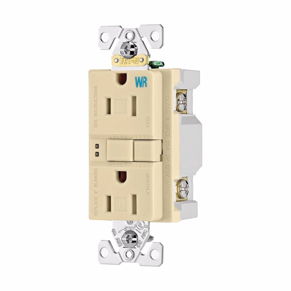 EATON Eaton Wiring Devices TWRSGF15V Duplex Self-Test Tamper Weather-Resistant GFCI Receptacle, 125 VAC, 15 A, 2 Poles, 3 Wires, Ivory