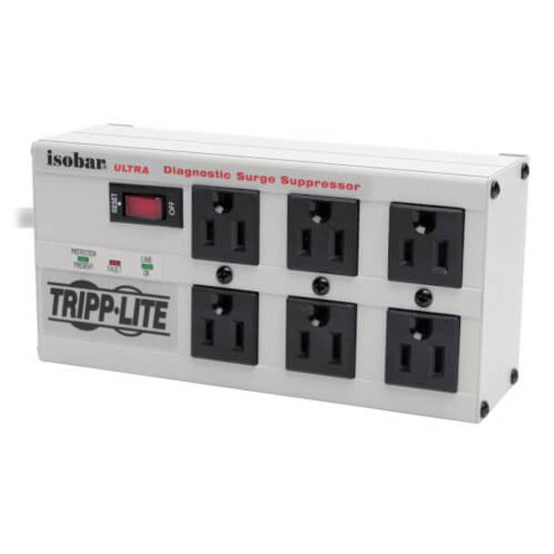Tripp Lite ISOBAR6ULTRA IBARS Surge Protector With Right Angle Plug, 120 VAC, 15 A, 6 Outlets, 6 ft L Cord, Keyhole Mount