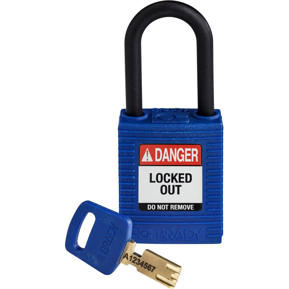 Brady® NYL-BLU-38PL-KD SafeKey Standard Lockout Padlock, Different Key, Blue, LOTO-101 Nylon Body, 1/4 in Dia x 1-1/2 in H x 0.8 in W Plastic Shackle, 3/4 in L Body, Non-Conductive Conductivity