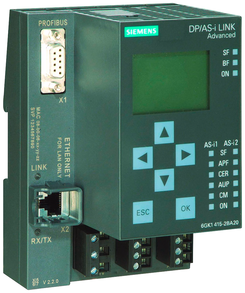 Siemens 6GK14152BA20 SIMATIC NET Advanced DP/AS Interface Link With M3 Master Profile and Display, 24 VDC, 250 mA (Mature Manufacturer Status)