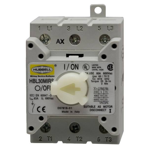 Wiring Device-Kellems HBL30MIRS 2-Position Extra Heavy Duty Lever Actuated Industrial Standard Sized Replacement Switch, For Use With 30/32 A Mechanical Interlock, 3-Pole, 600 VAC, 60 Hz, -40 to 67 deg C Without Impact, 6000 Cycles, Screw Terminal
