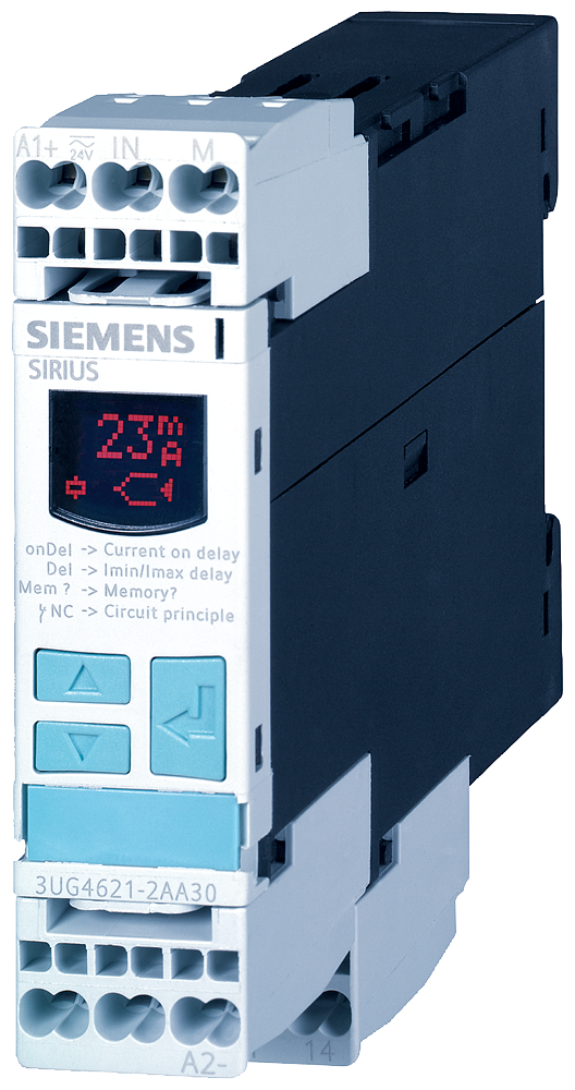 Siemens SIRIUS 3UG46212AA30 1-Phase Adjustable Digital Current Monitoring Relay w/ Fault Memory, 24 VAC/VDC, 2 to 500 mA, 1CO Contact