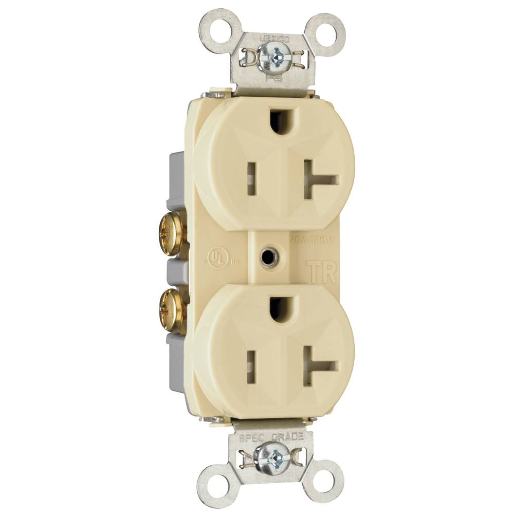 Pass & Seymour® TR20I Duplex Tamper Resistant Straight Blade Receptacle, 125 VAC, 20 A, 2 Poles, 3 Wires, Ivory