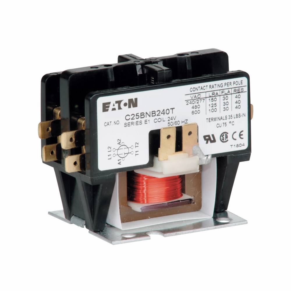 EATON C25BNB225B Compact Non-Reversing Definite Purpose Control Contactor, 208/240 VAC V Coil, 25 A Inductive/35 A Resistive, 2 Poles
