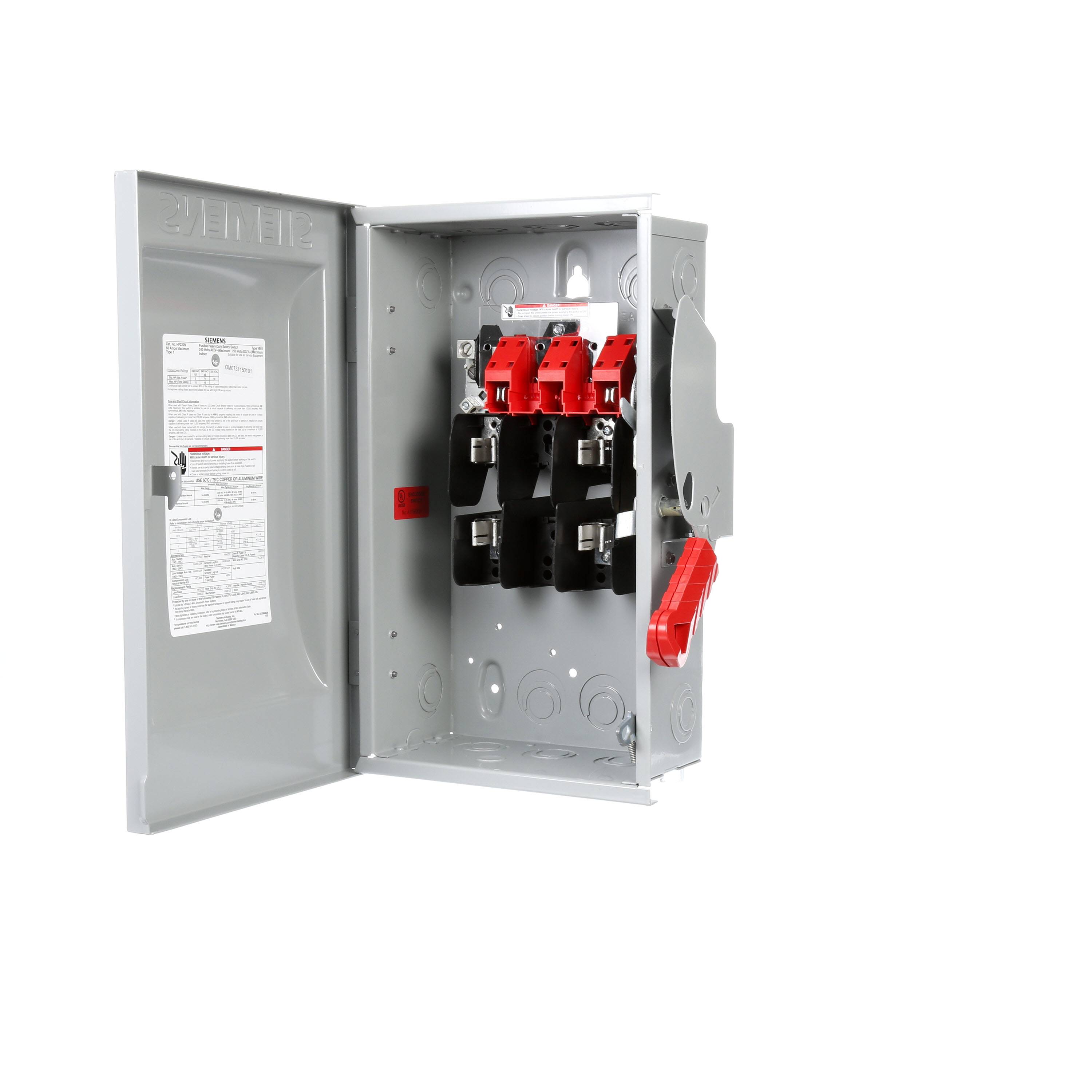 Siemens HF222N Type VBII Enclosed Fusible Heavy Duty Low Voltage Single Throw Safety Switch With Neutral, 240 VAC, 60 A, 3 hp, DPST Contact, 2 Poles