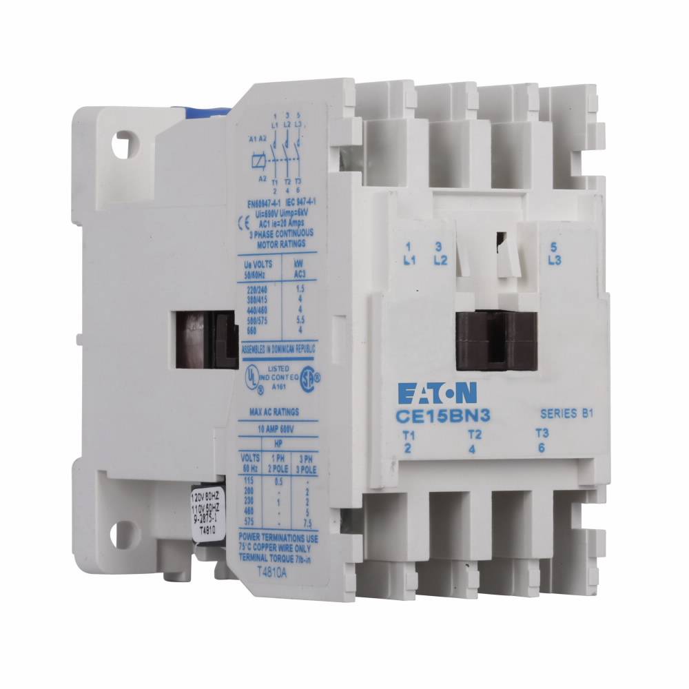 EATON CE15BNS3AB Freedom Non-Reversing IEC Contactor, 110/120 VAC V Coil, 10 A, 1NO Contact, 3 Poles
