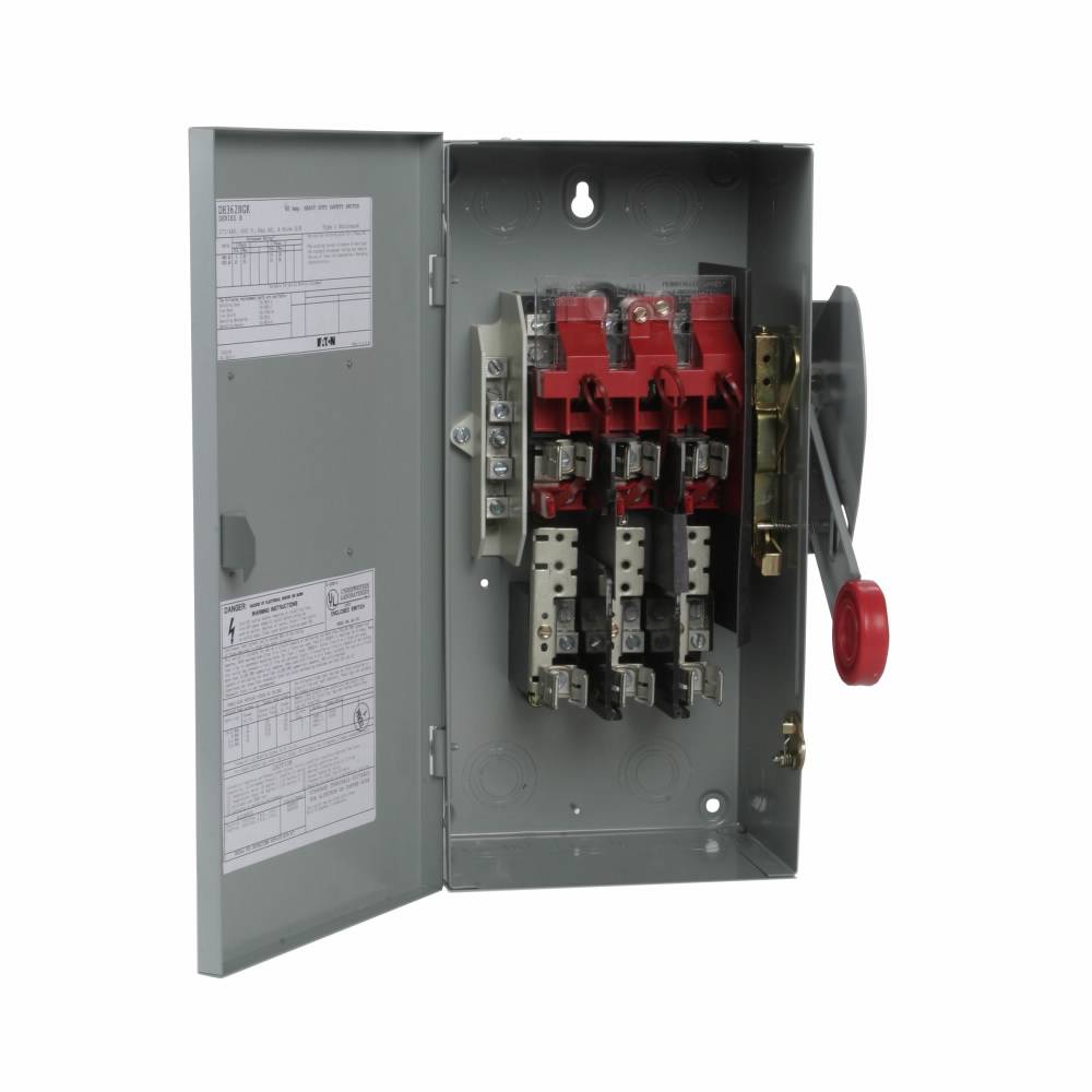 EATON DH362NGK Heavy Duty Fusible Single Throw Safety Switch With Neutral, 600 VAC, 60 A, 20 hp, 25 hp, 30 hp, 50 hp, TPST Contact, 3 Poles