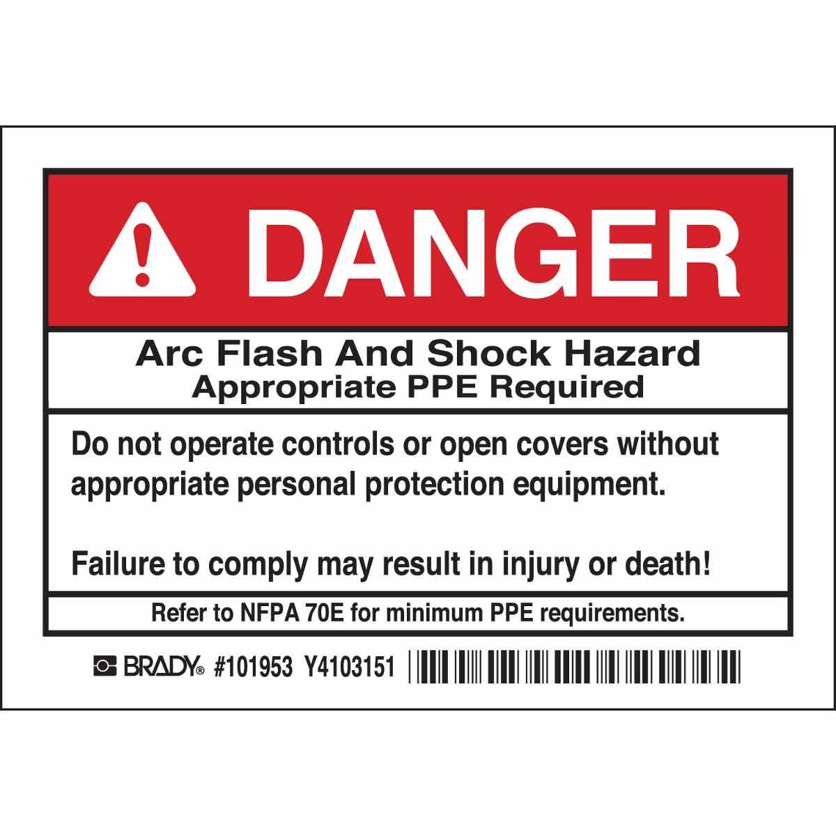 Brady® 101953 High Performance Laminated Non-Reflective Rectangular Self-Adhesive Arc Flash Protection Label, 5 in W, Black/Red on White, B-302 Polyester, 5 per Pack Labels